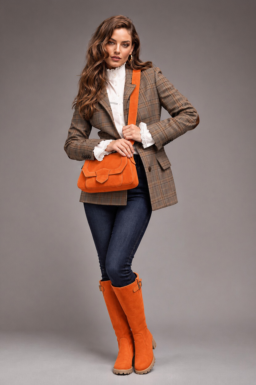 Women's orange custom-made buckle knee-high boots with  and  - Rear view